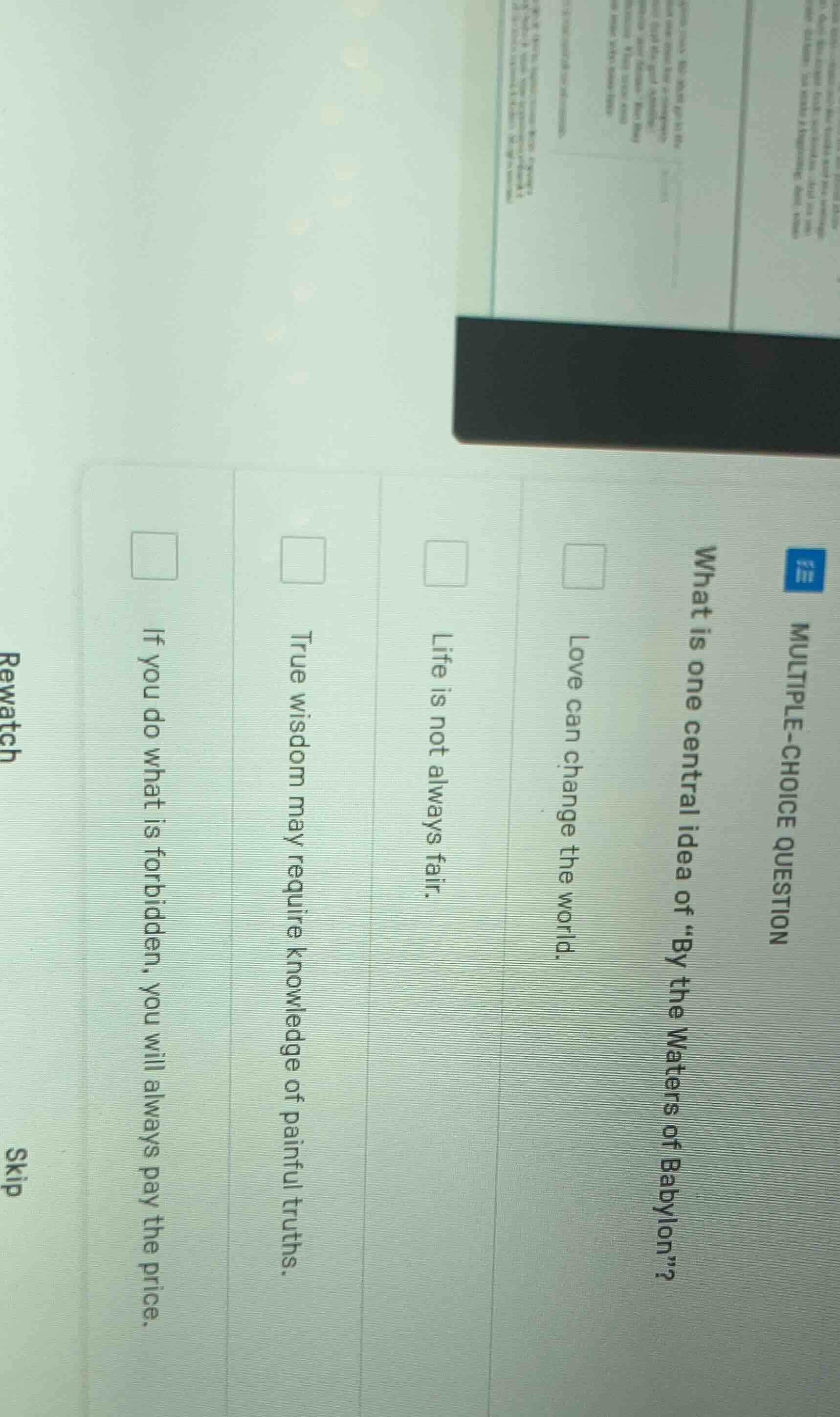 multiple-choice question what is one central idea of \by the waters of …