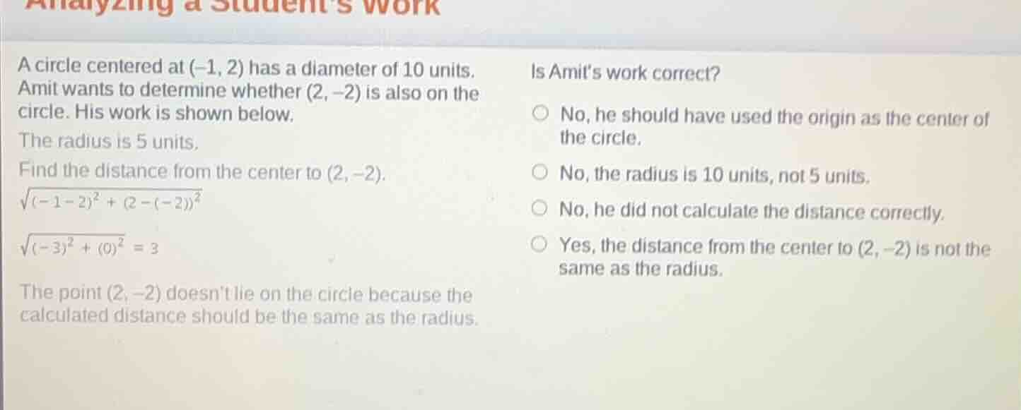 analyzing a students work a circle centered at $(-1, 2)$ has a diameter…