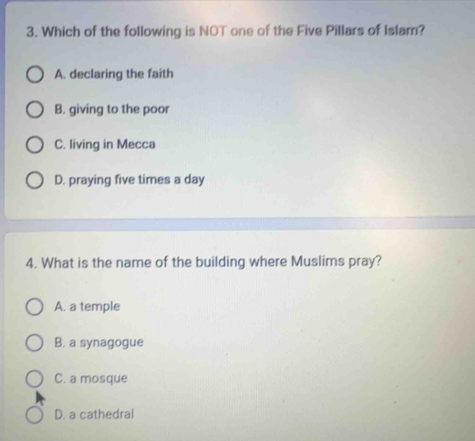 3. which of the following is not one of the five pillars of islam? a. d…