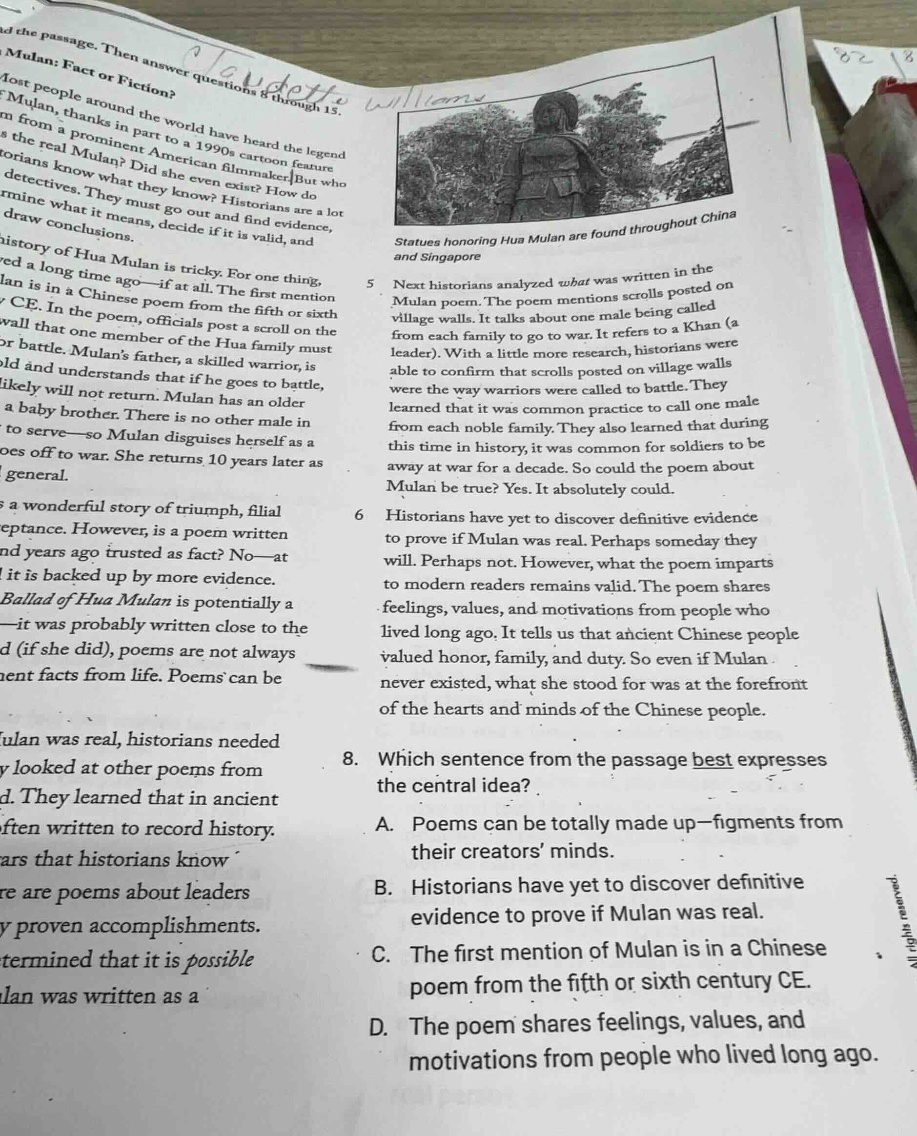 read the passage. then answer questions 8 through 15.mulan: fact or fic…