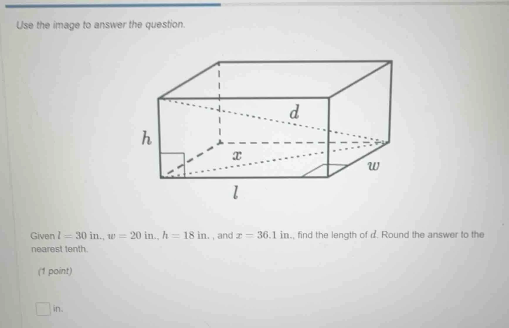 use the image to answer the question. given $l = 30$ in., $w = 20$ in.,…