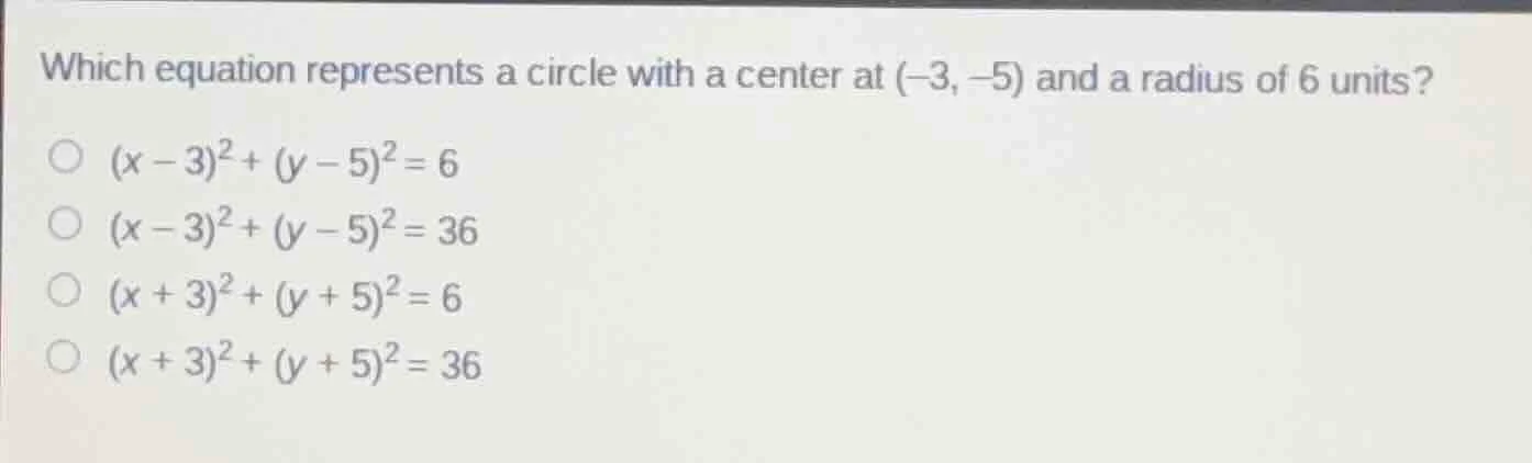 which equation represents a circle with a center at $(-3, -5)$ and a ra…