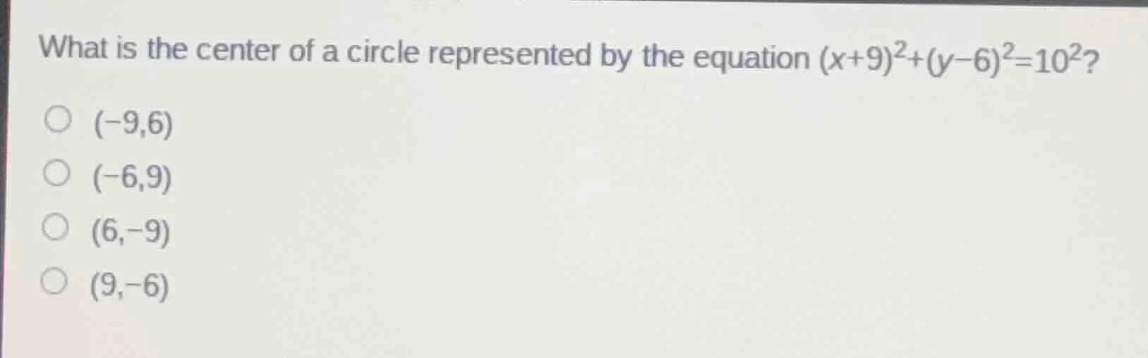 what is the center of a circle represented by the equation $(x+9)^2+(y-…