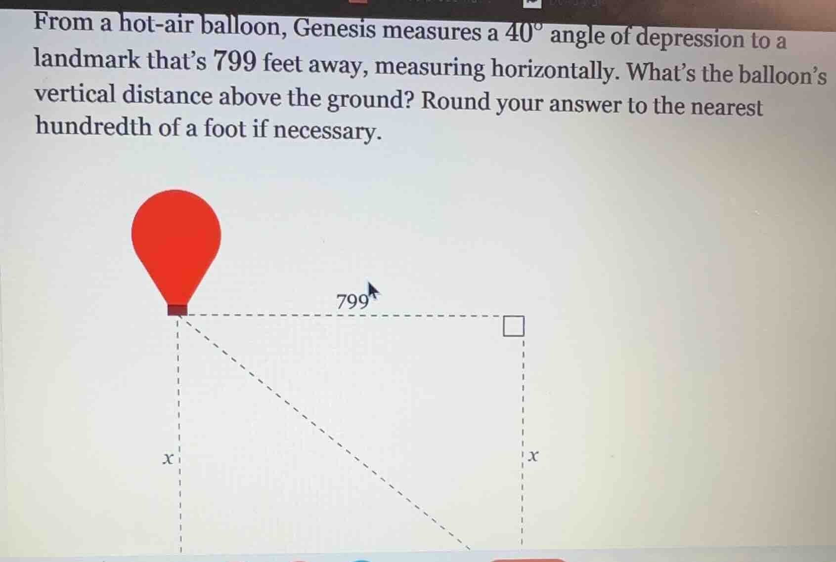 from a hot-air balloon, genesis measures a $40^\\circ$ angle of depress…