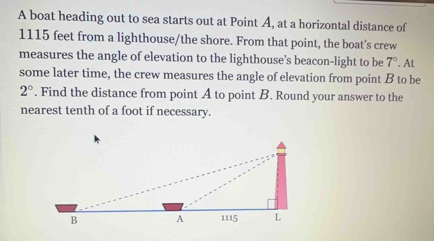 a boat heading out to sea starts out at point $a$, at a horizontal dist…