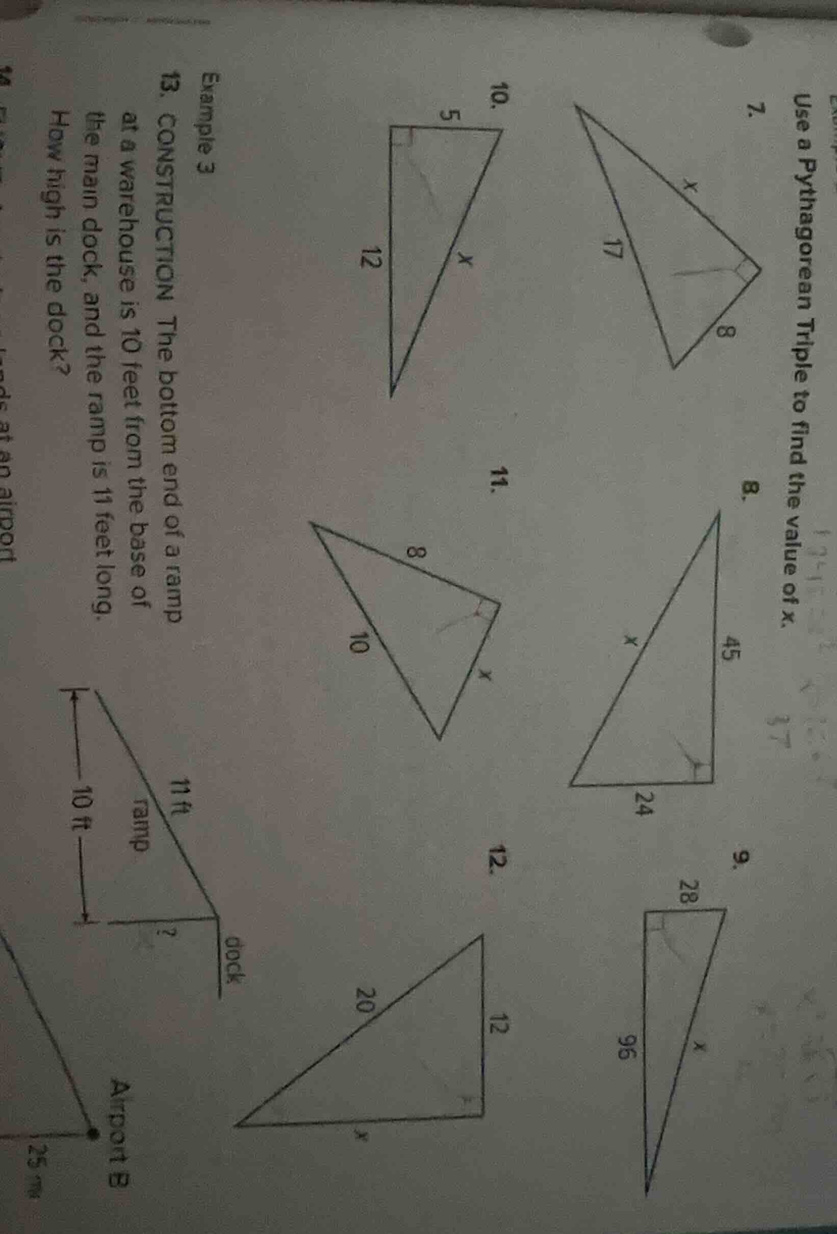 use a pythagorean triple to find the value of x. 7. 8. 9. 10. 11. 12. e…