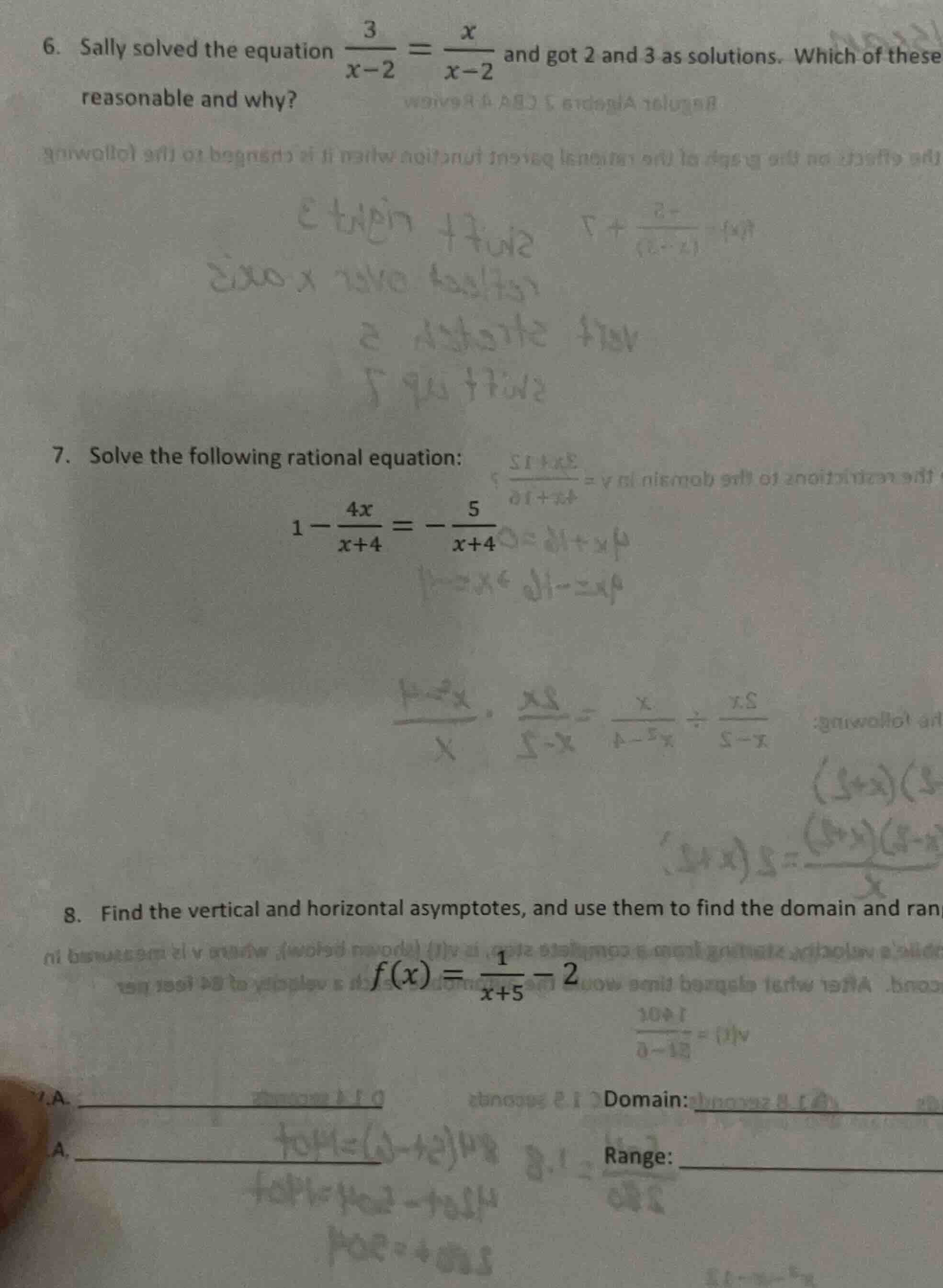 6. sally solved the equation $\frac{3}{x-2} = \frac{x}{x-2}$ and got 2 …
