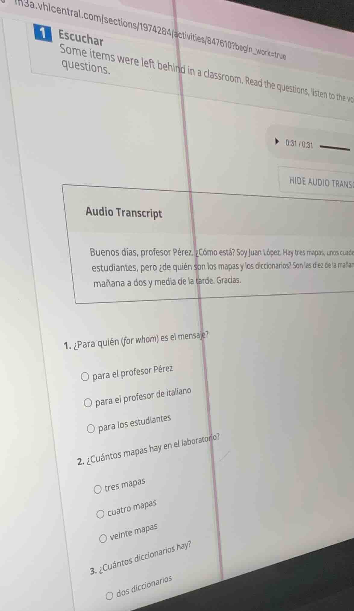 1 escuchar some items were left behind in a classroom. read the questio…