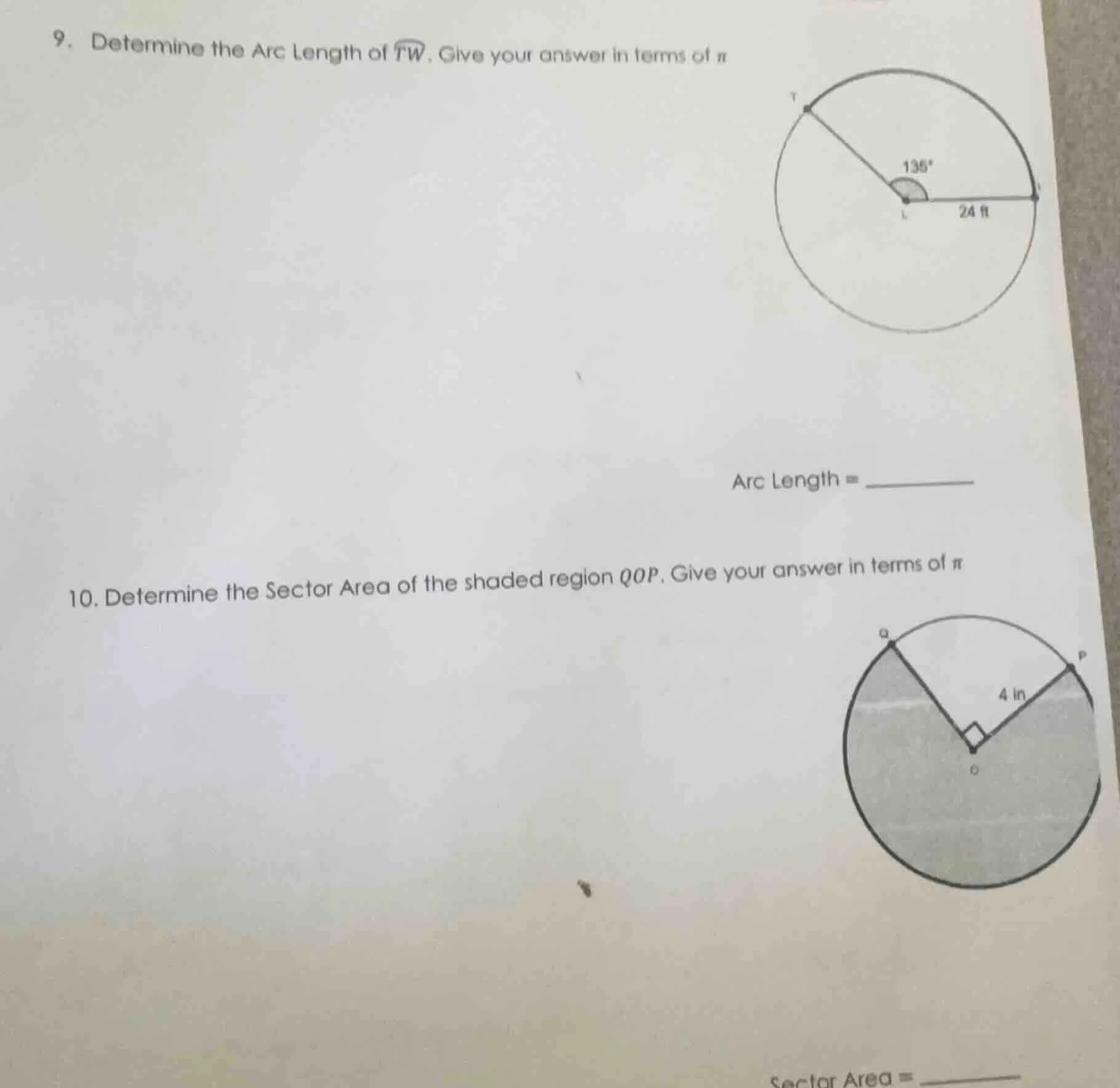 9. determine the arc length of $widehat{tw}$. give your answer in terms…