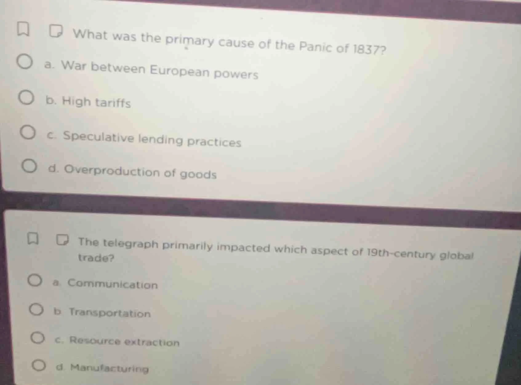 what was the primary cause of the panic of 1837? a. war between europea…