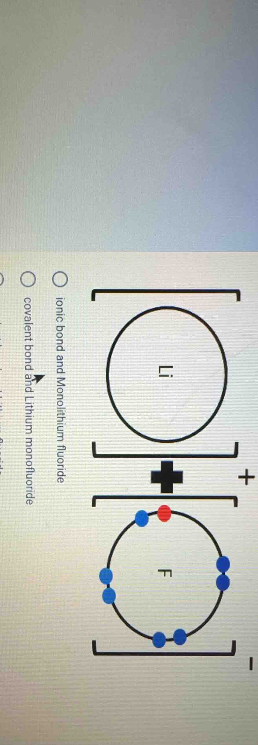 ○ ionic bond and monolithium fluoride ○ covalent bond and lithium monof…
