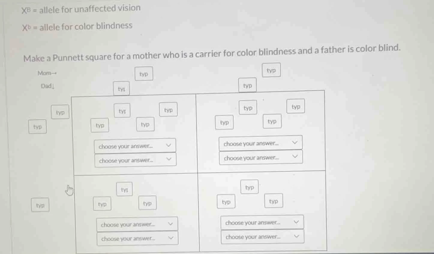 xᴮ = allele for unaffected vision xᵇ = allele for color blindness make …