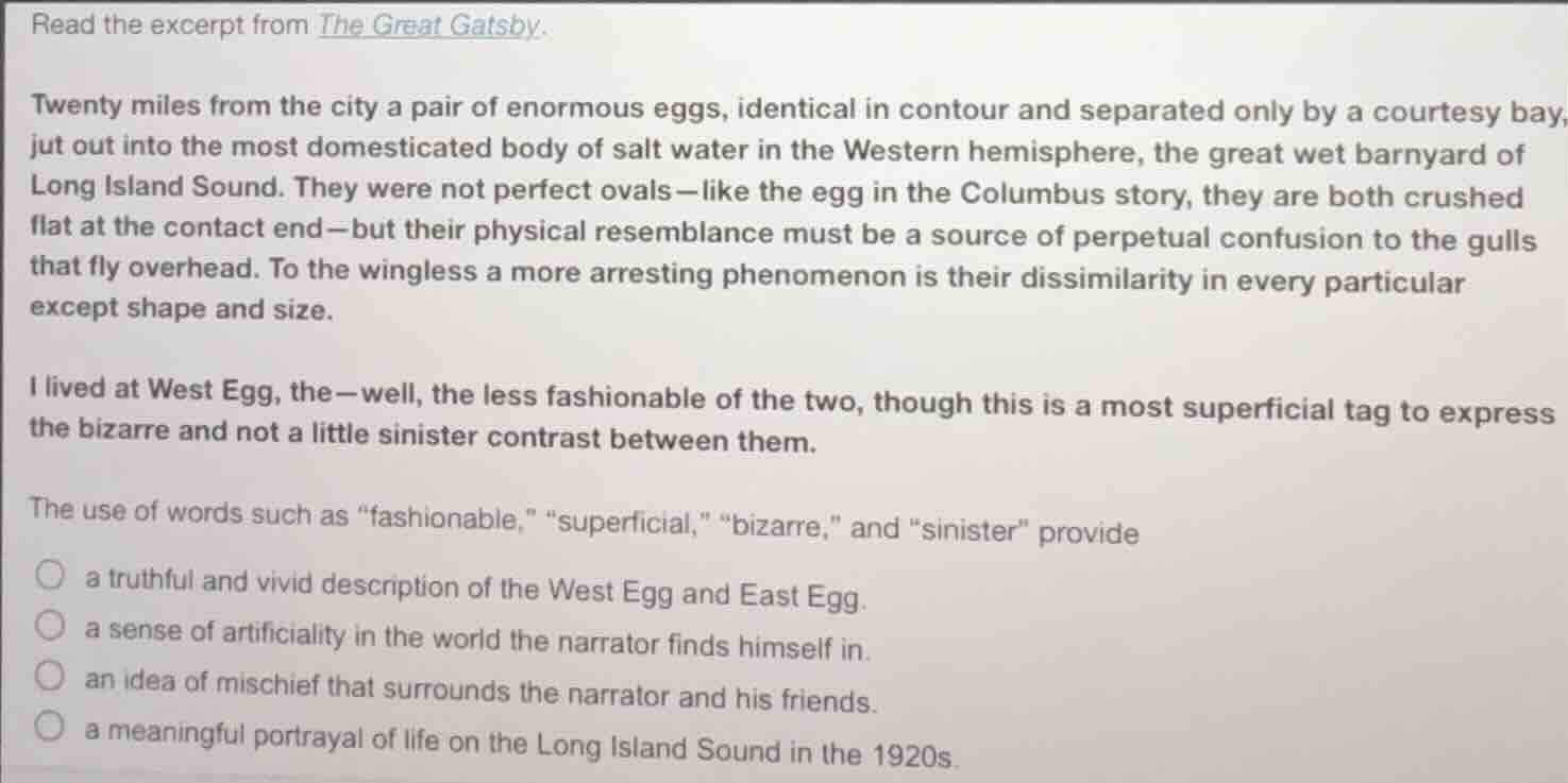 read the excerpt from the great gatsby. twenty miles from the city a pa…