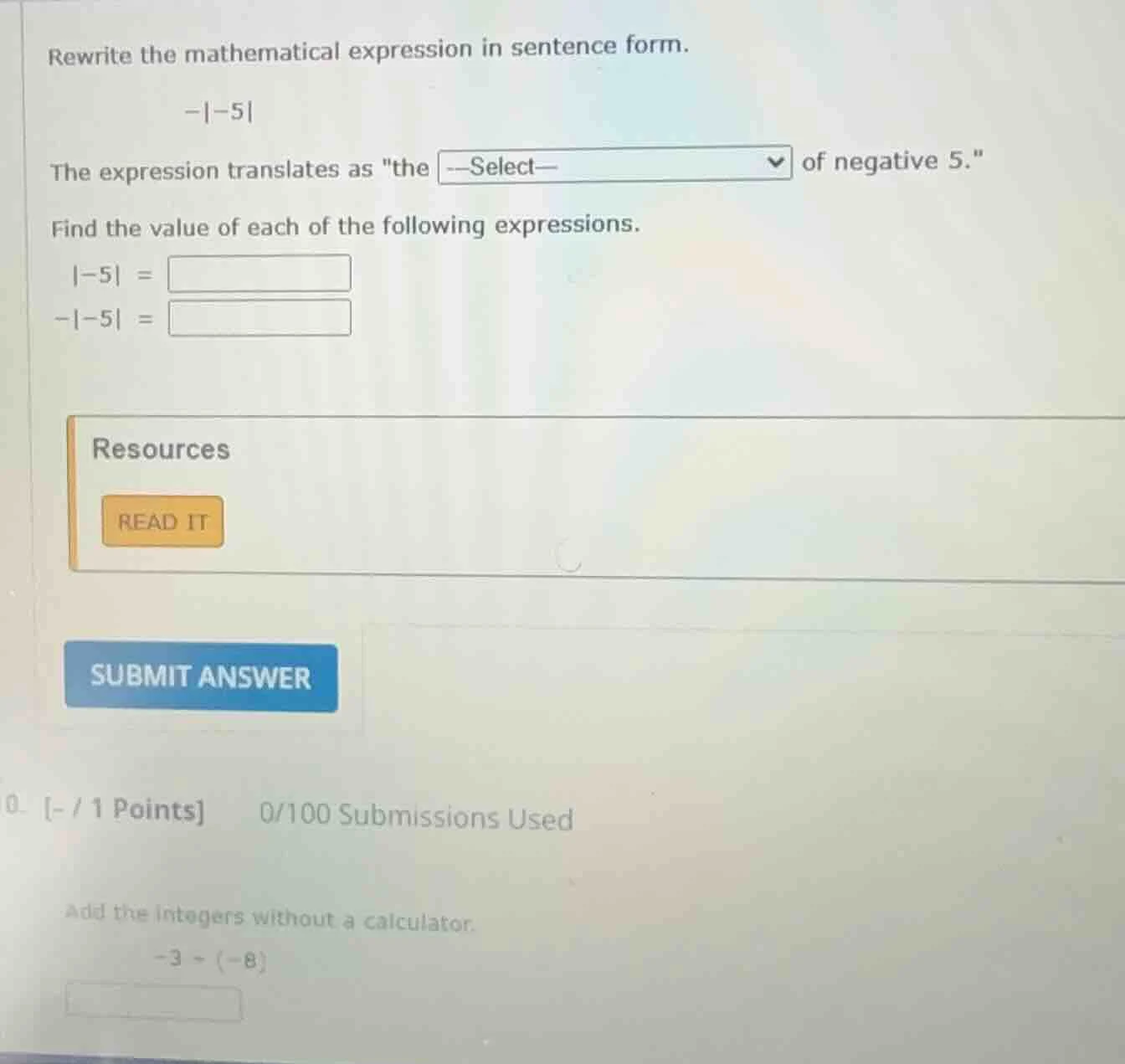 rewrite the mathematical expression in sentence form. $-|-5|$ the expre…