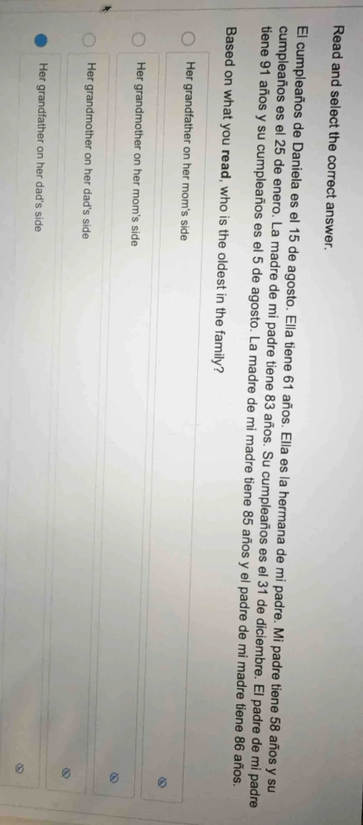 read and select the correct answer. el cumpleaños de daniela es el 15 d…