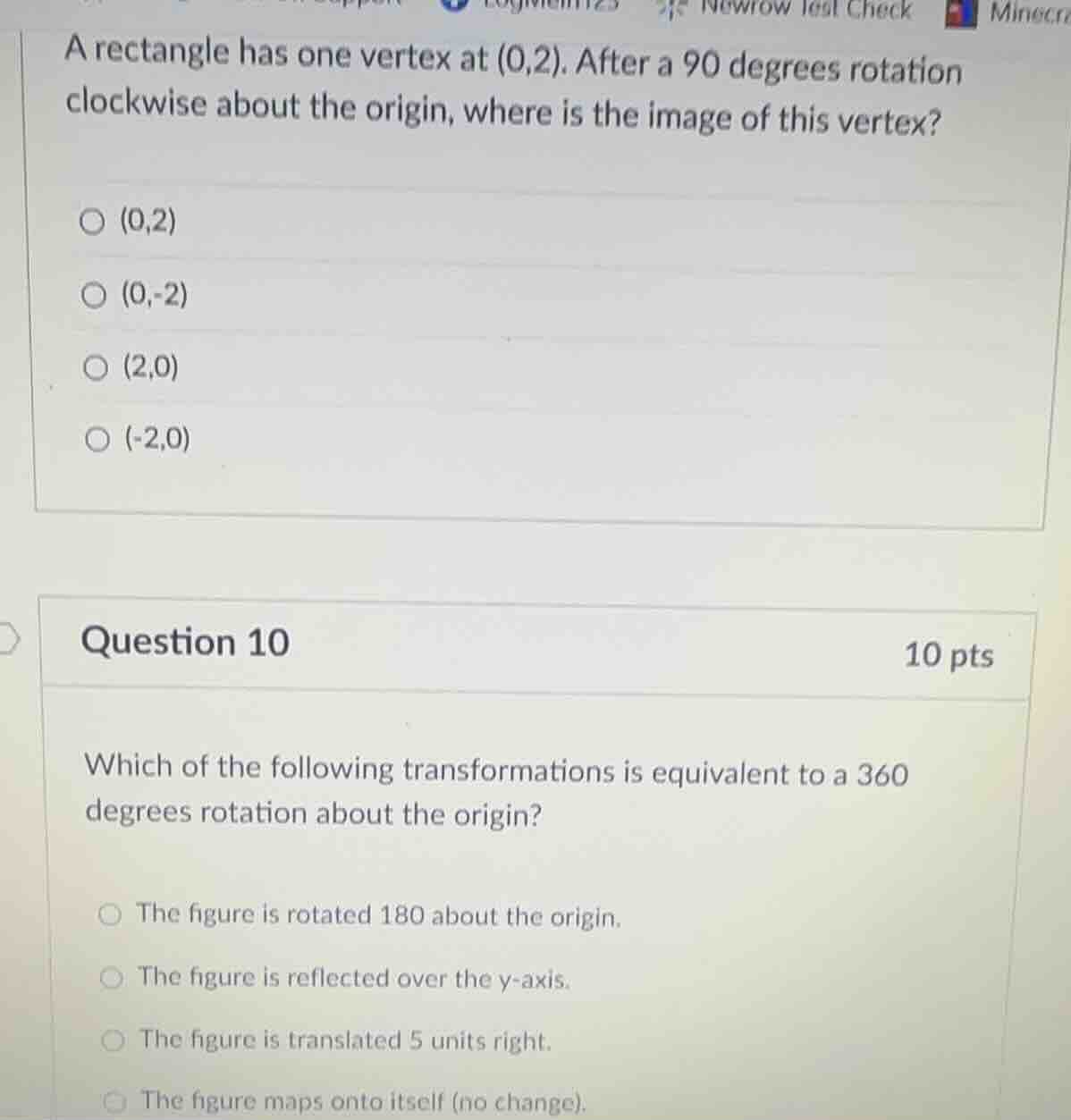 a rectangle has one vertex at (0,2). after a 90 degrees rotation clockw…