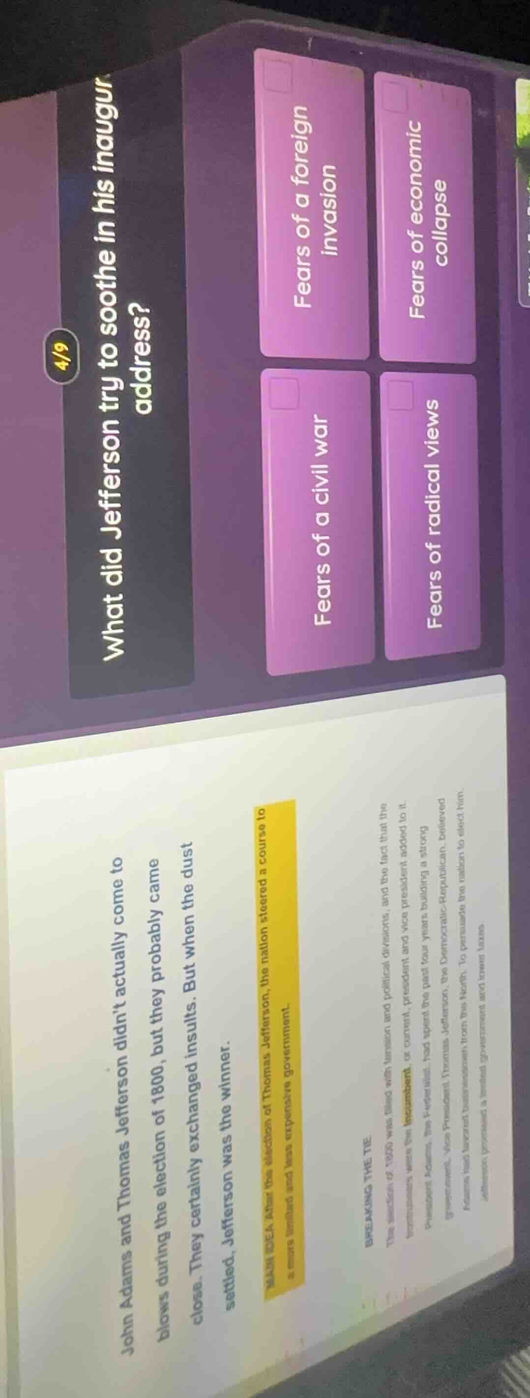 4/9 what did jefferson try to soothe in his inaugural address? fears of…