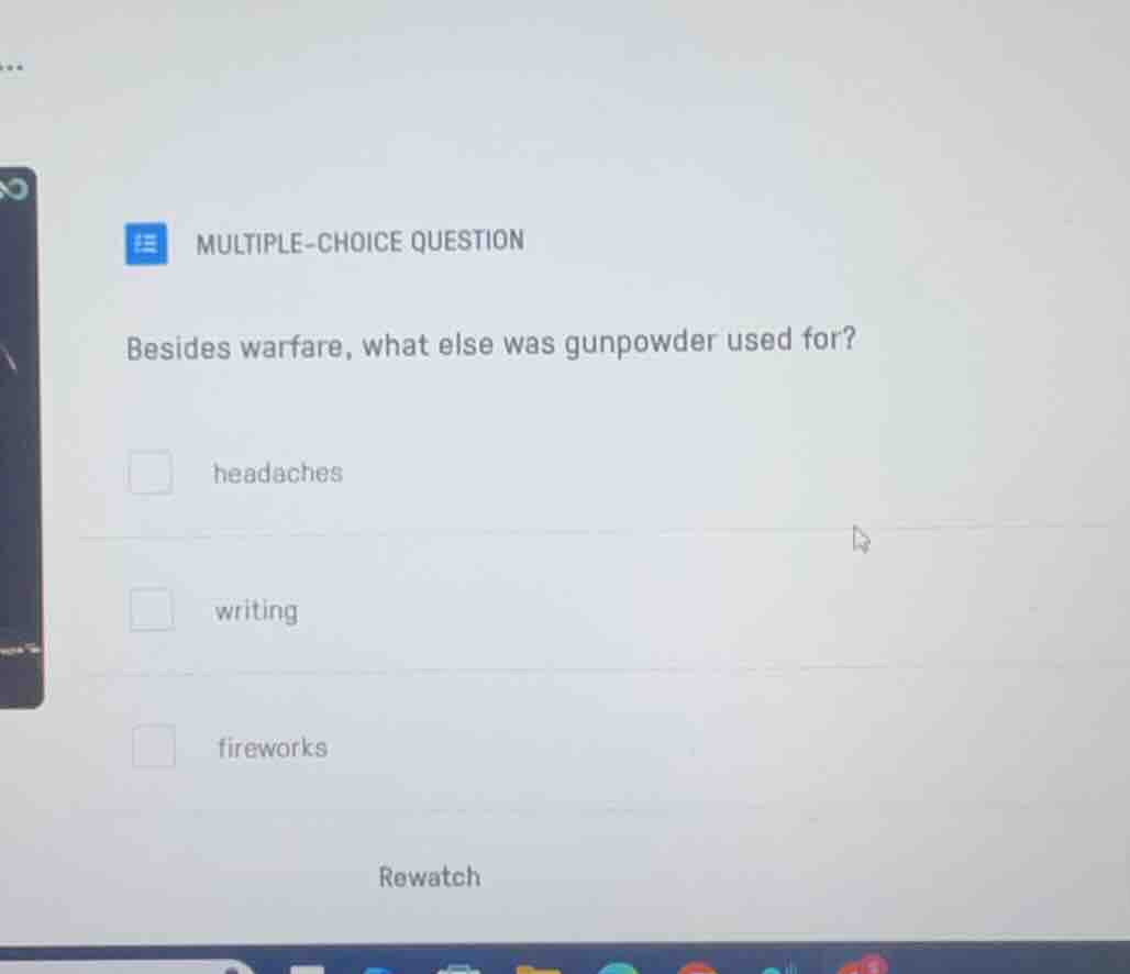 multiple-choice question besides warfare, what else was gunpowder used …