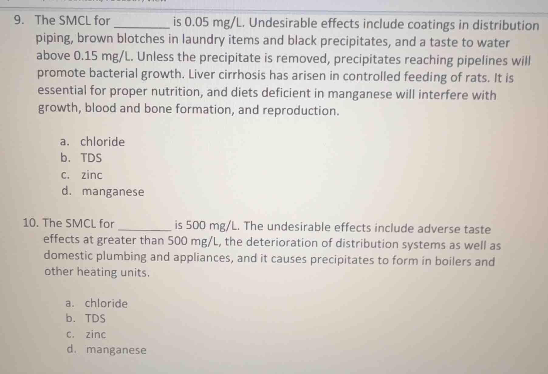 9. the smcl for ________ is 0.05 mg/l. undesirable effects include coat…