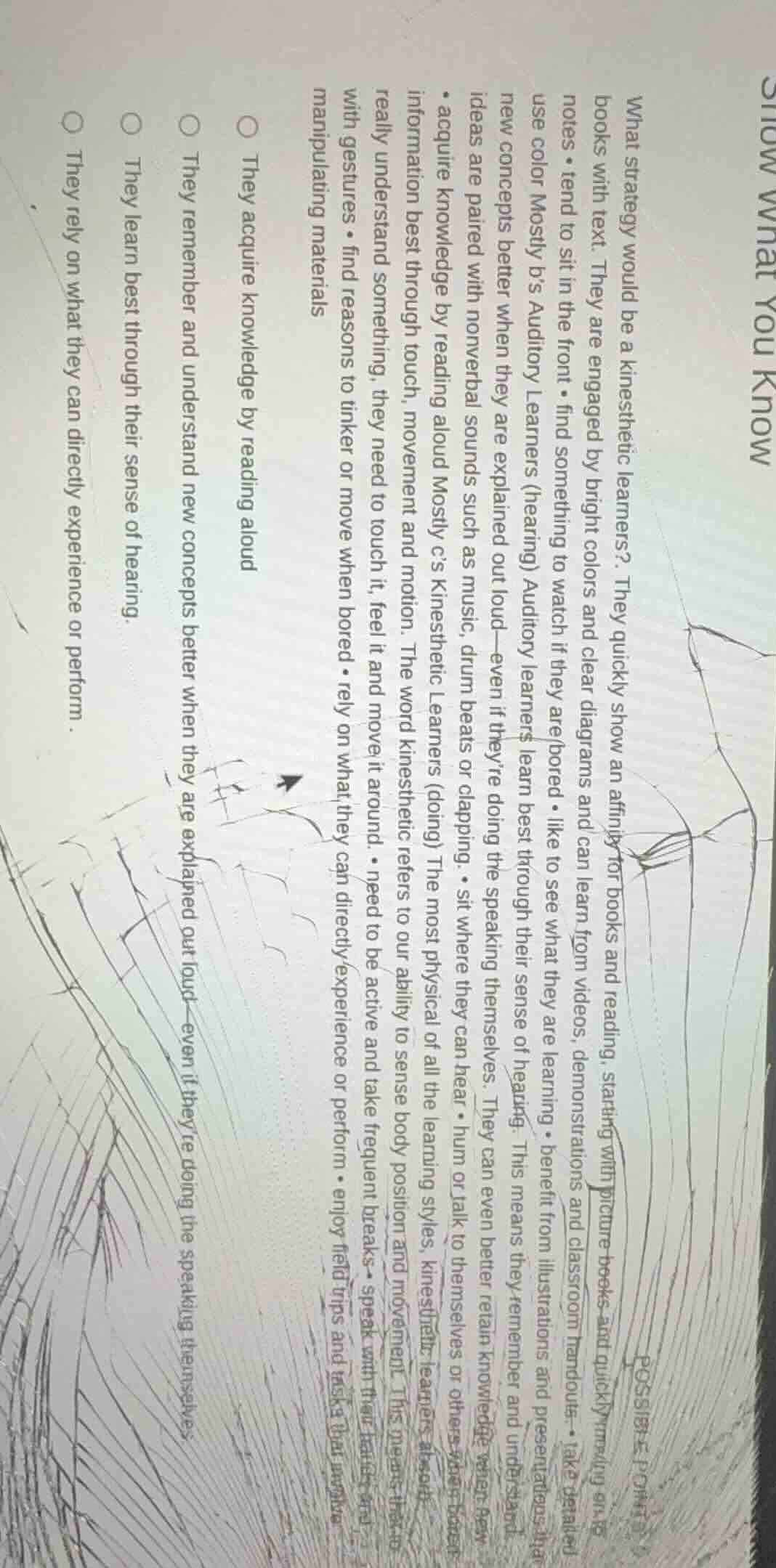 show what you know what strategy would be a kinesthetic learners?. they…