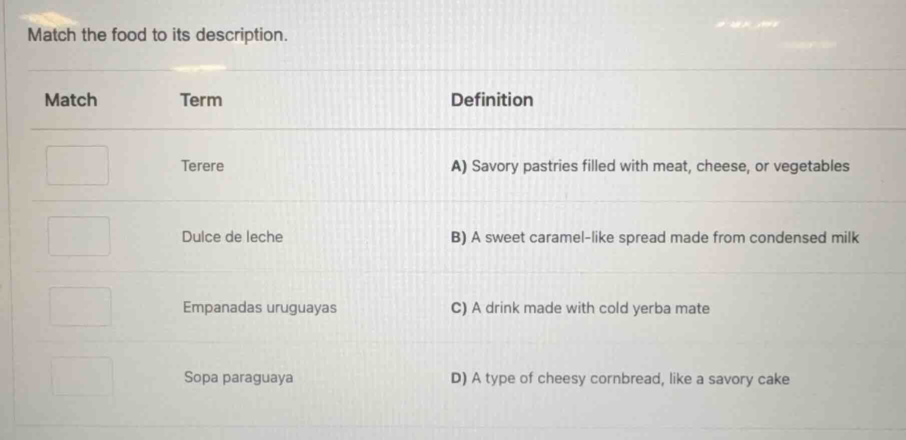 match the food to its description. match term definition terere a) savo…