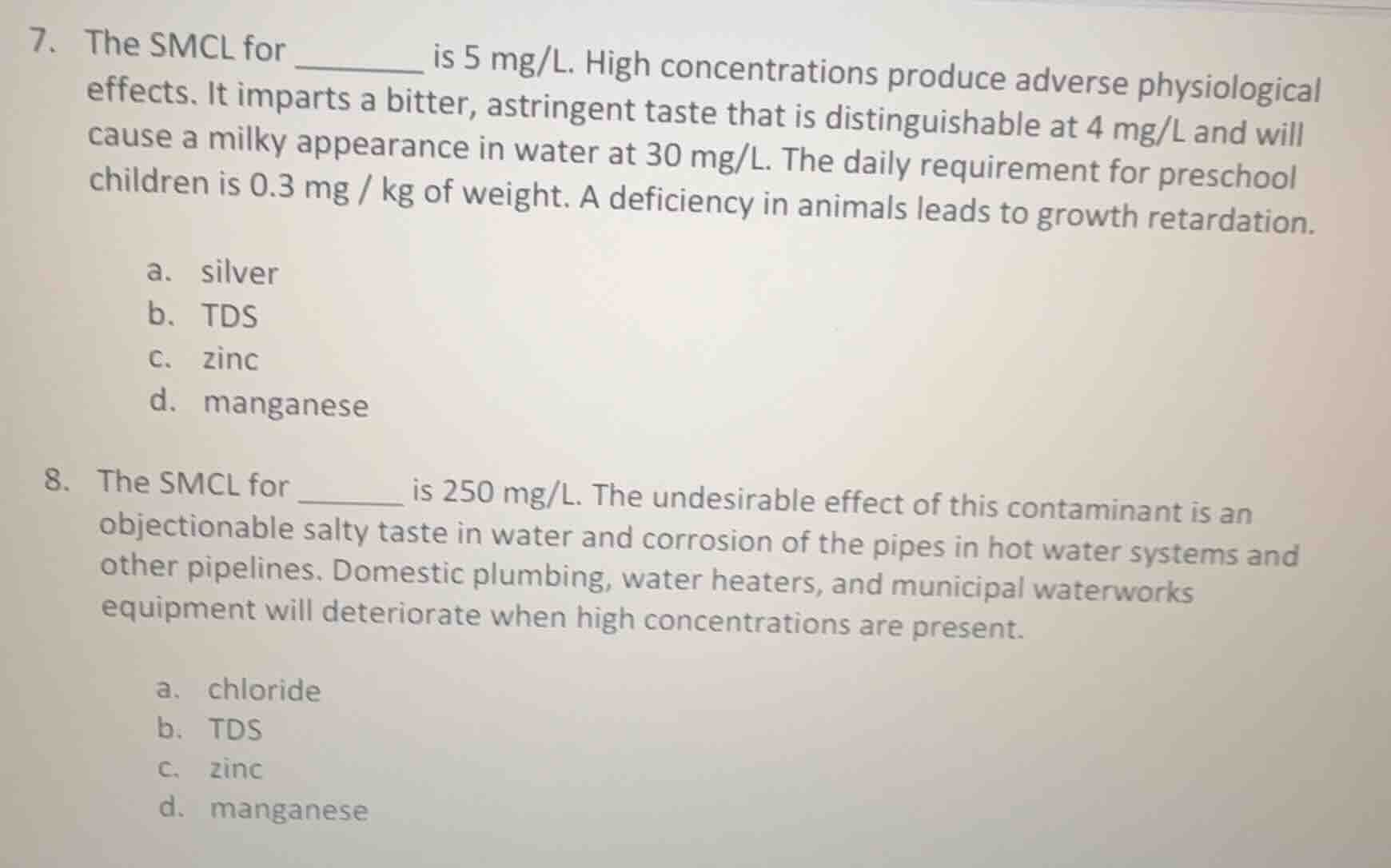7. the smcl for _______ is 5 mg/l. high concentrations produce adverse …