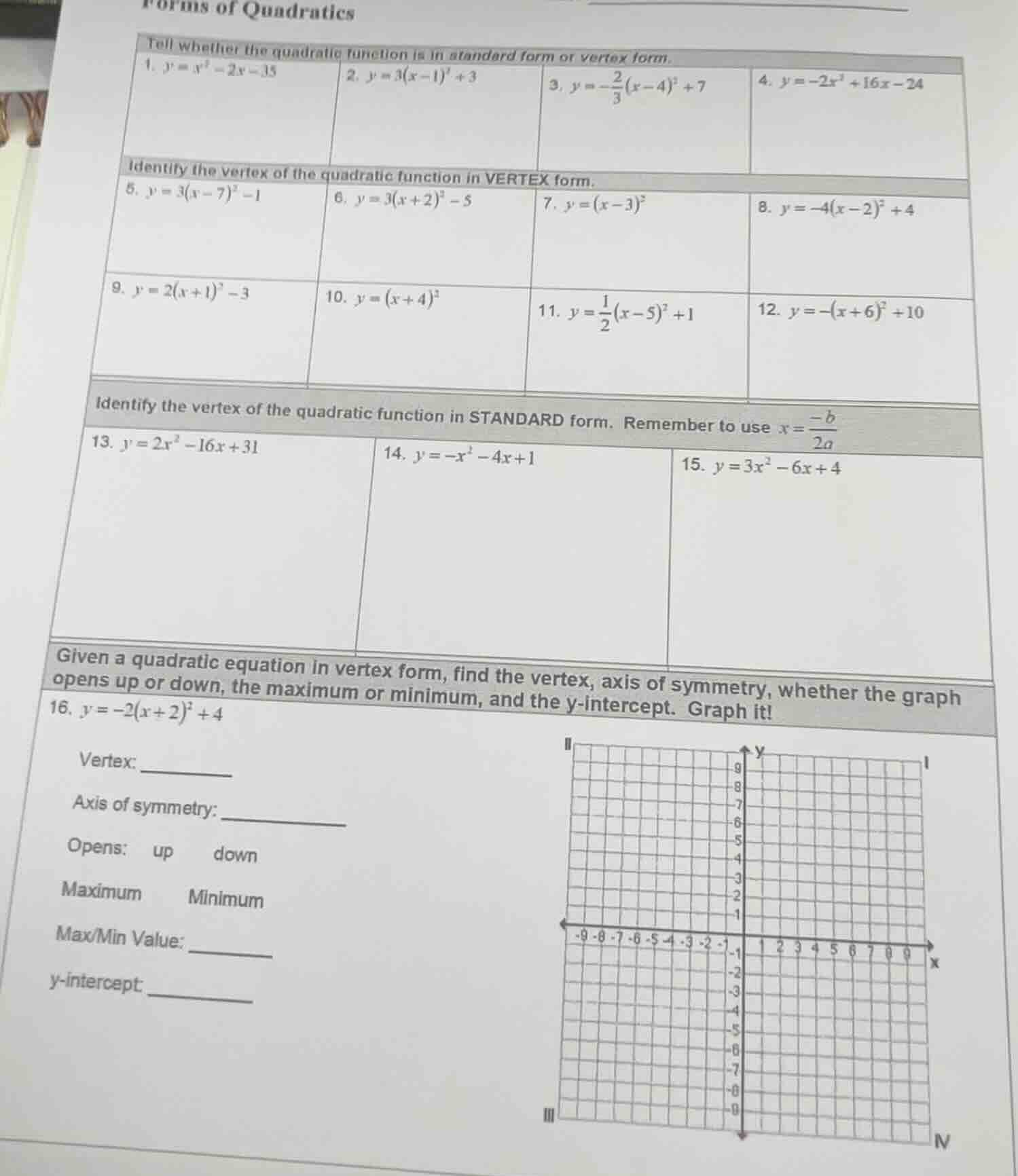 forms of quadratics tell whether the quadratic function is in standard …