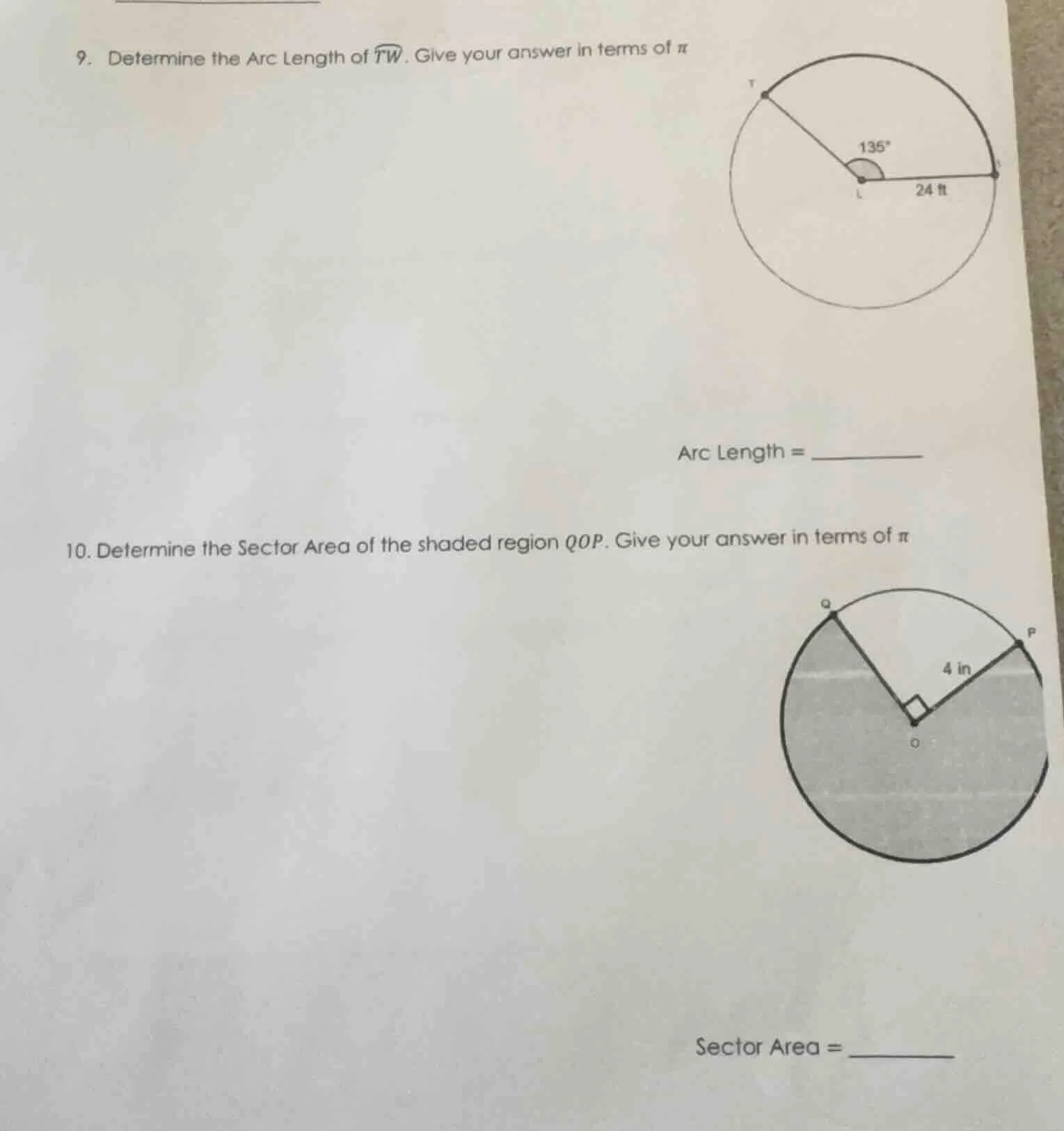 9. determine the arc length of $widehat{tw}$. give your answer in terms…