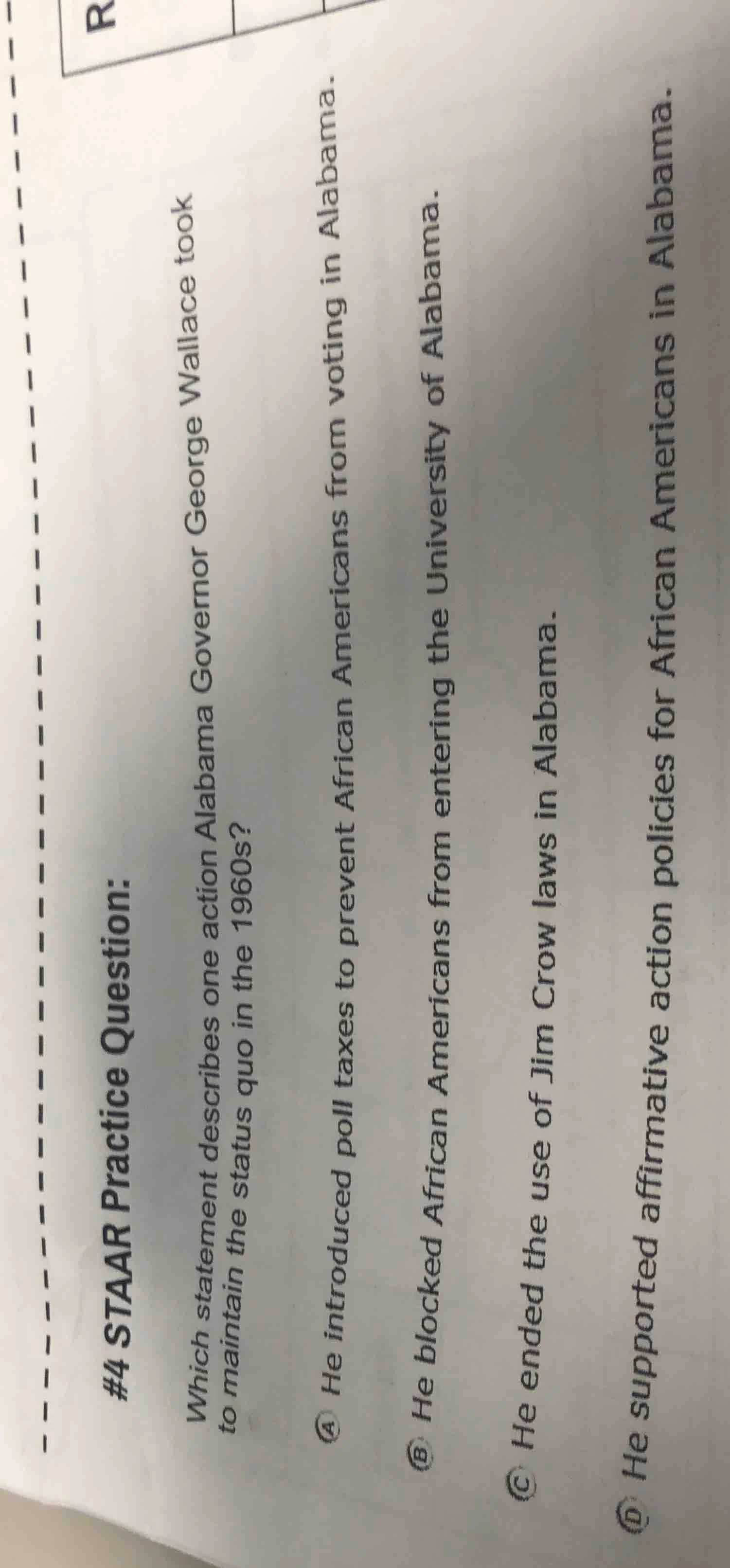 #4 staar practice question: which statement describes one action alabam…