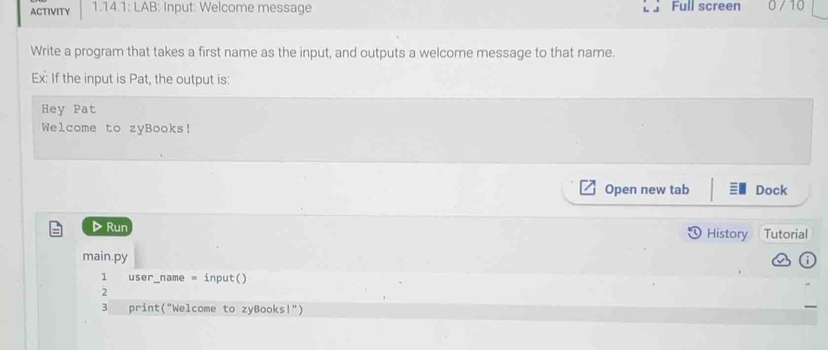 activity | 1.14.1: lab: input: welcome message full screen 0/10 write a…