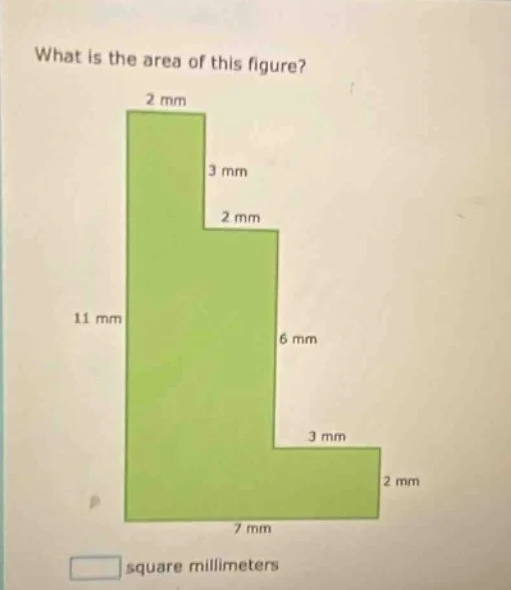 what is the area of this figure? 2 mm 3 mm 2 mm 11 mm 6 mm 3 mm 2 mm 7 …