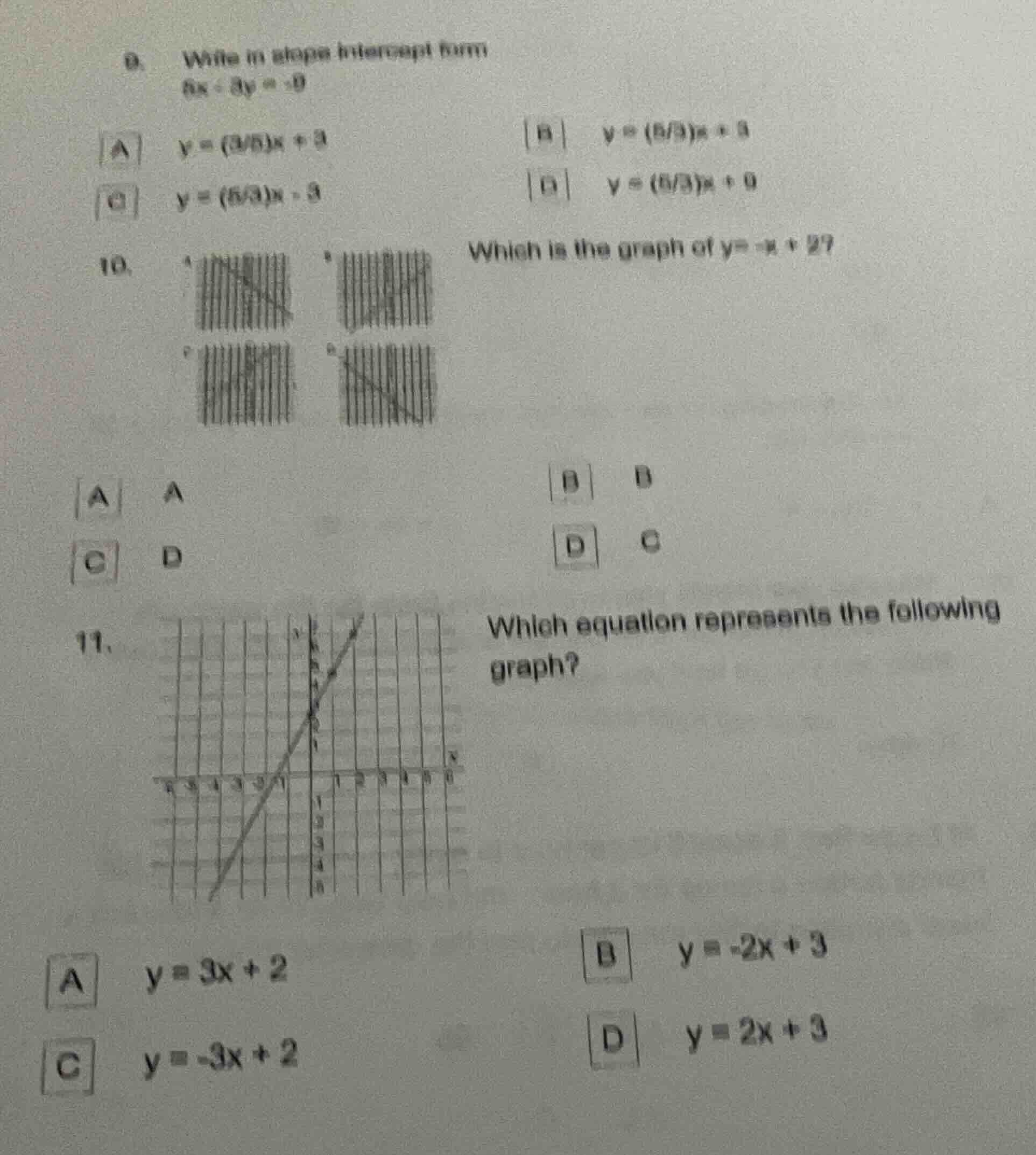 9. write in slope intercept form $5x - 3y = -9$ a $y=(3/5)x + 3$ b $y=(…