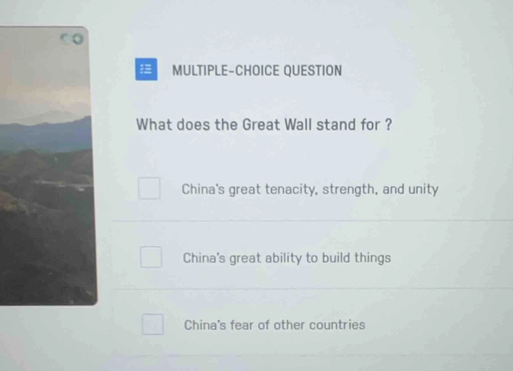 multiple-choice question what does the great wall stand for ? chinas gr…