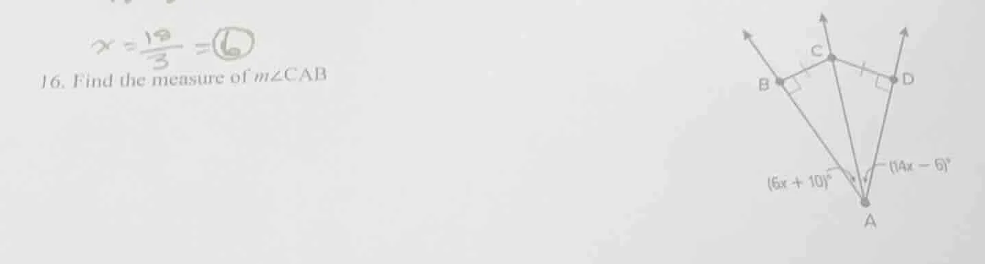 $x = \\frac{18}{3} = 6$ 16. find the measure of $m\\angle cab$ $(6x + 1…