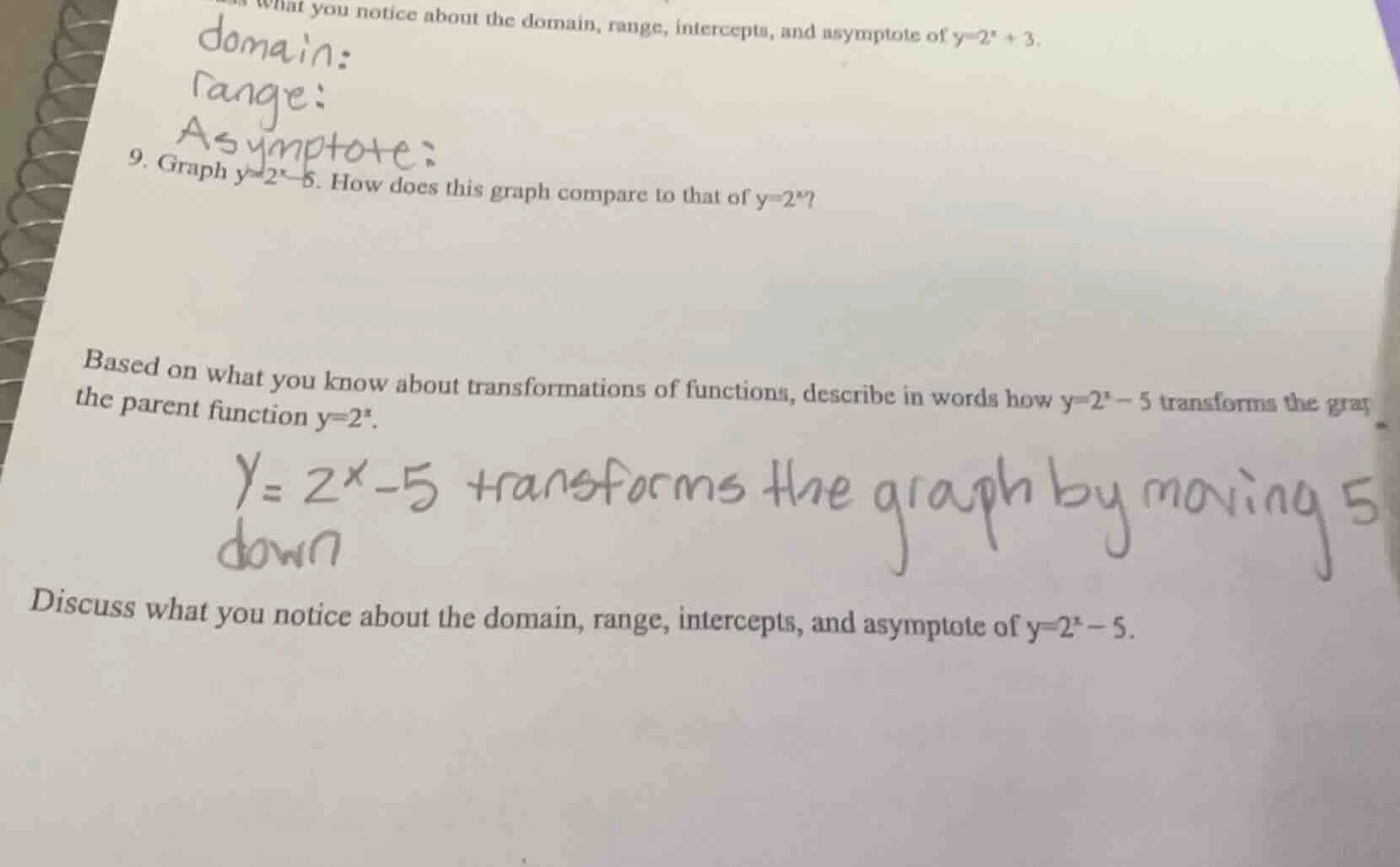 what you notice about the domain, range, intercepts, and asymptote of $…