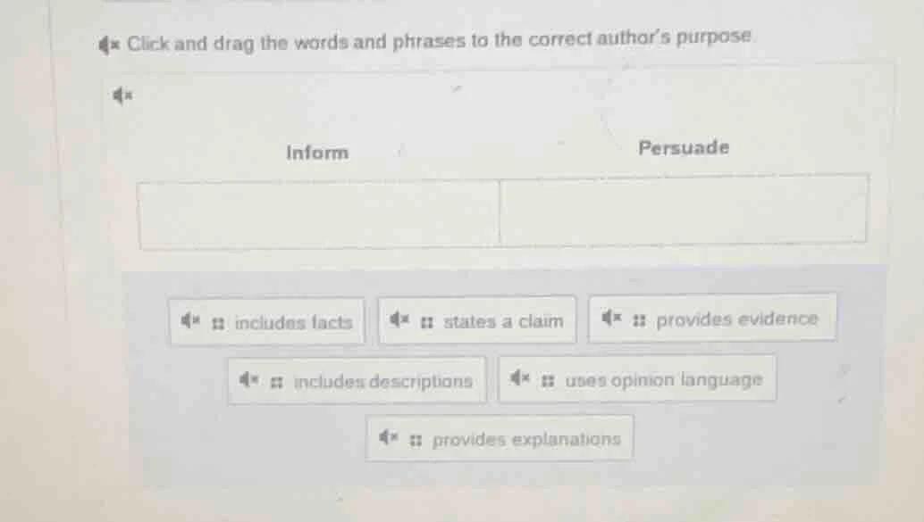 click and drag the words and phrases to the correct authors purpose inf…