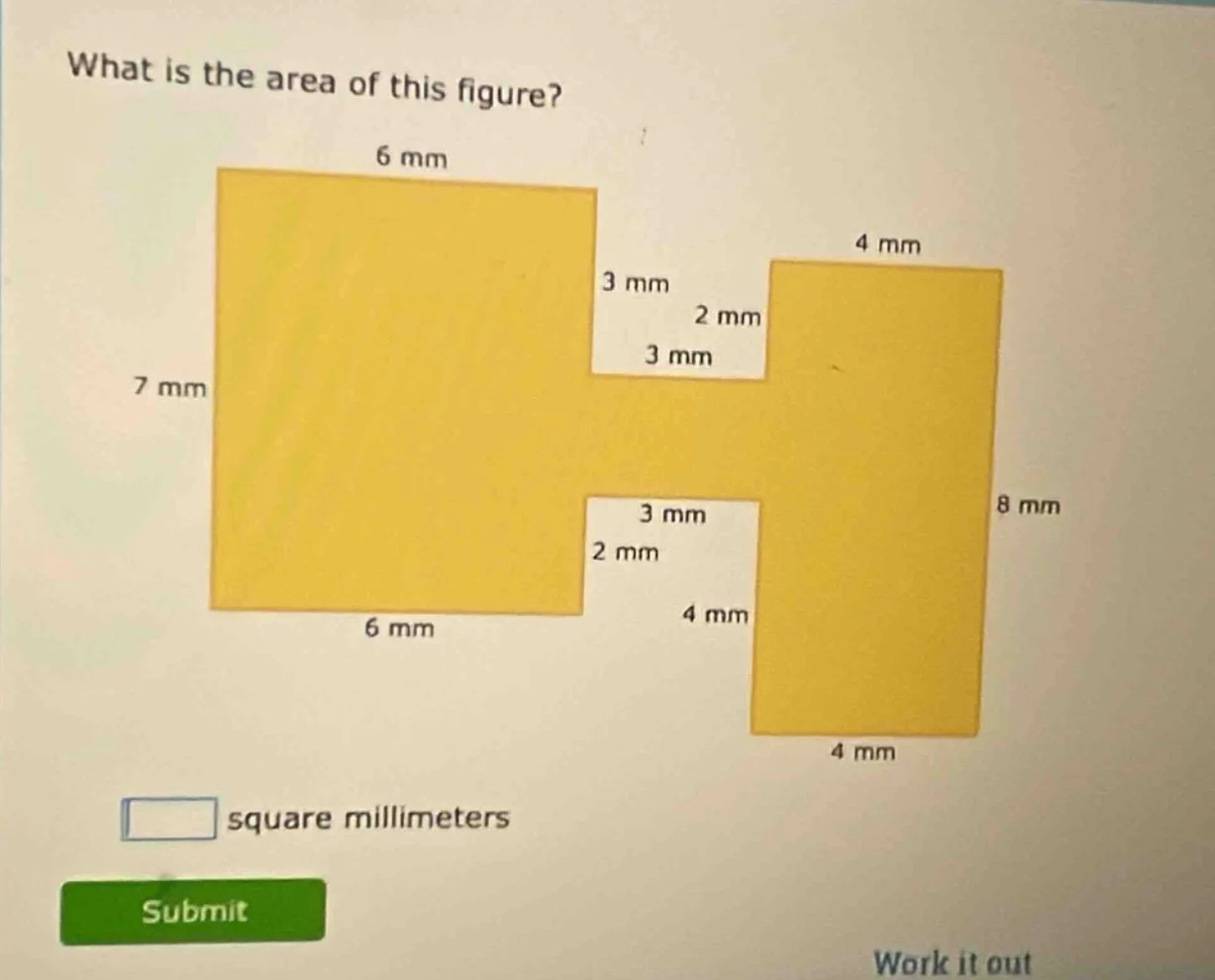what is the area of this figure? square millimeters submit work it out