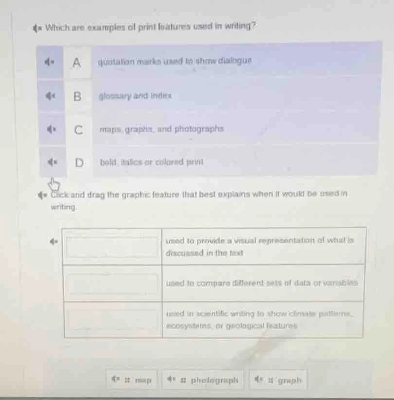 which are examples of print features used in writing? a quotation marks…