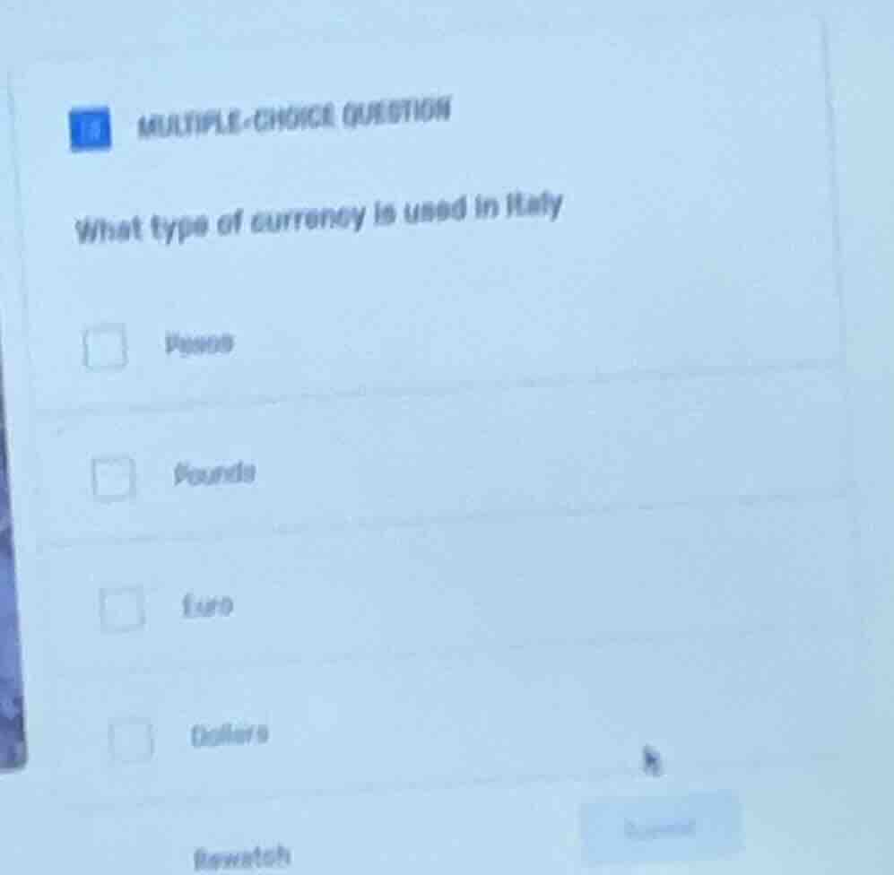 multiple-choice question what type of currency is used in italy pesos p…