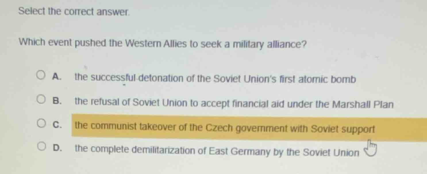 select the correct answer. which event pushed the western allies to see…