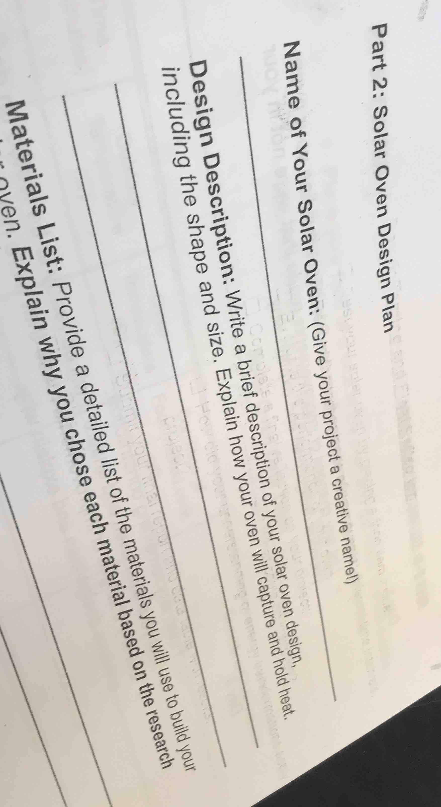 part 2: solar oven design plan name of your solar oven: (give your proj…