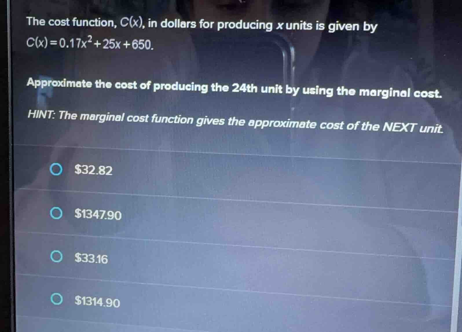 the cost function, $c(x)$, in dollars for producing $x$ units is given …