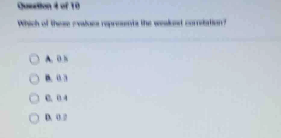 question 4 of 10 which of these r-values represents the weakest correla…