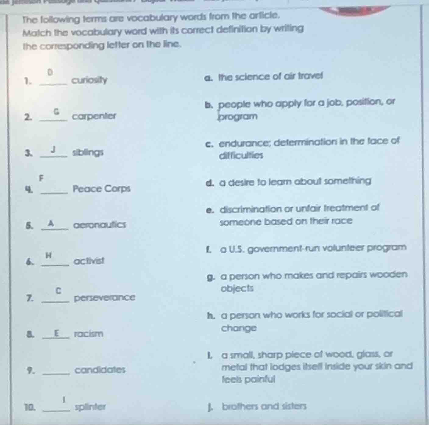 the following terms are vocabulary words from the article. match the vo…