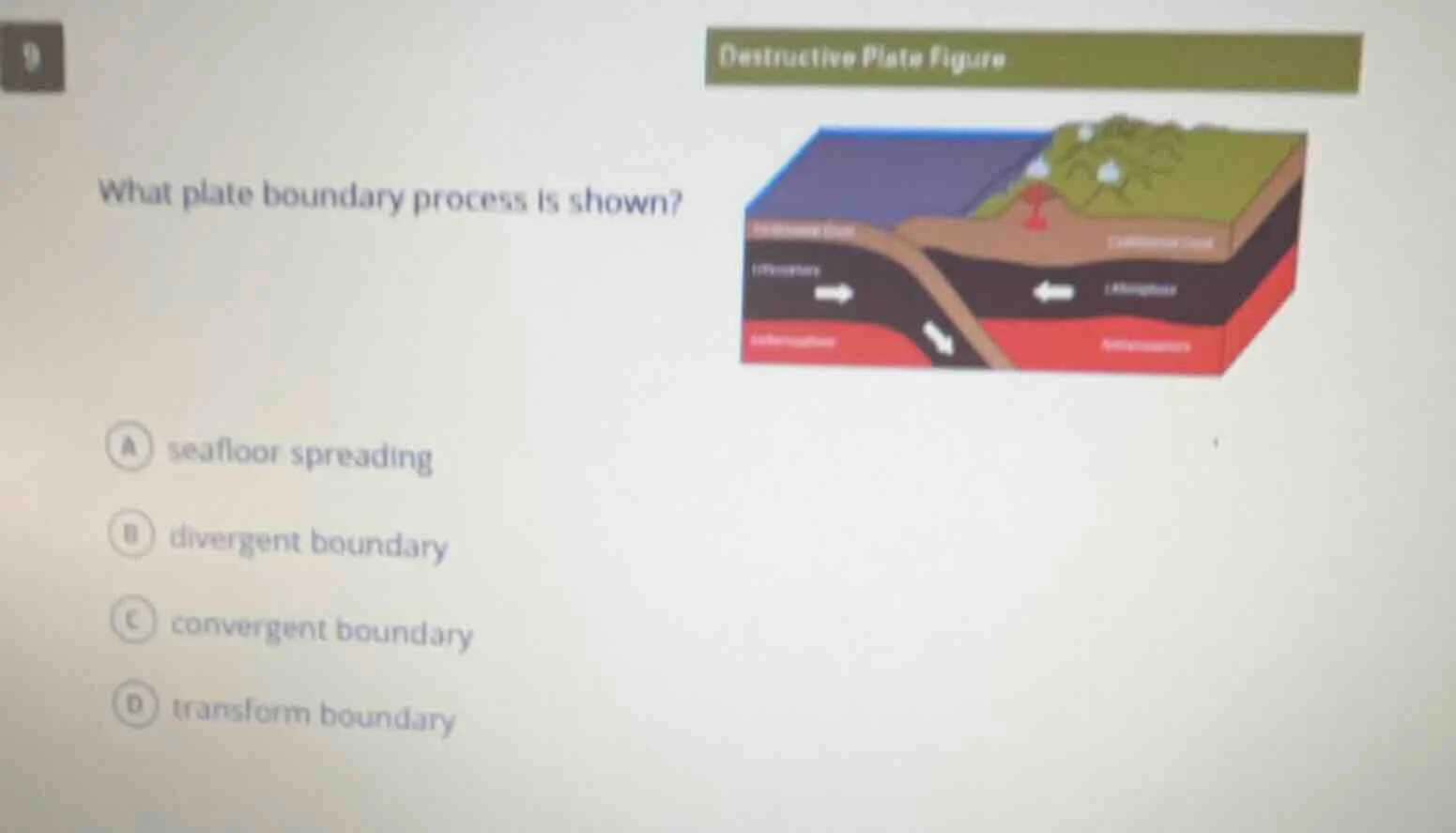 9 what plate boundary process is shown? a seafloor spreading b divergen…