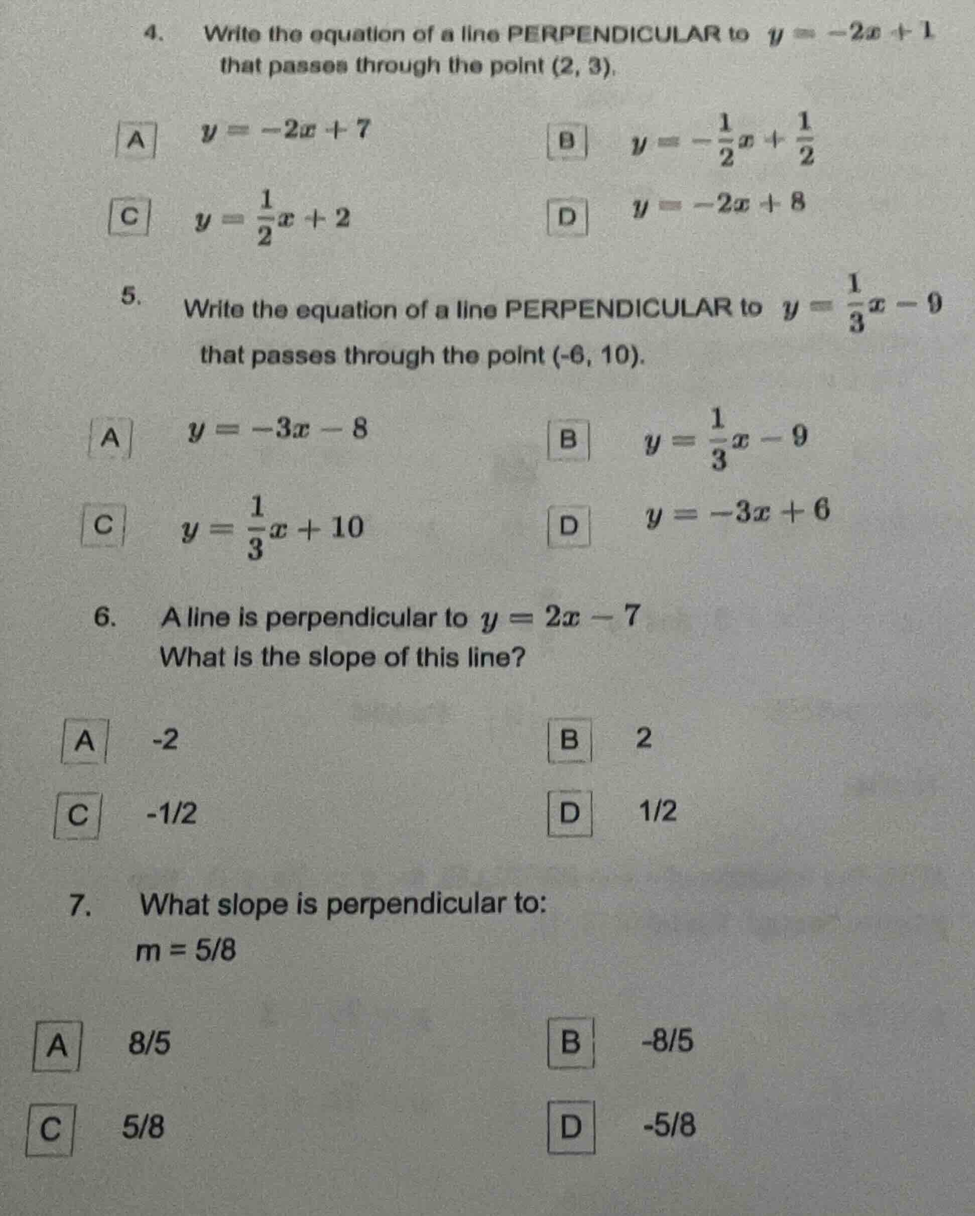 4. write the equation of a line perpendicular to $y=-2x+1$ that passes …