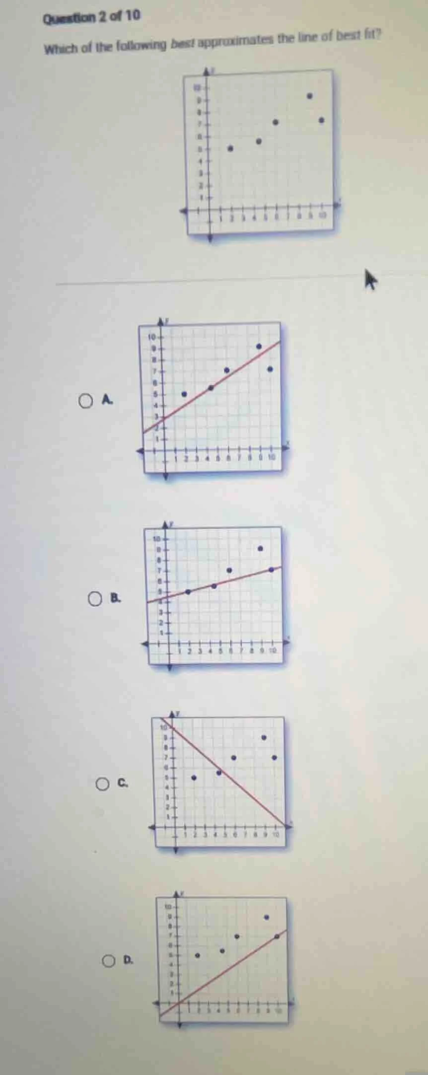 question 2 of 10 which of the following best approximates the line of b…