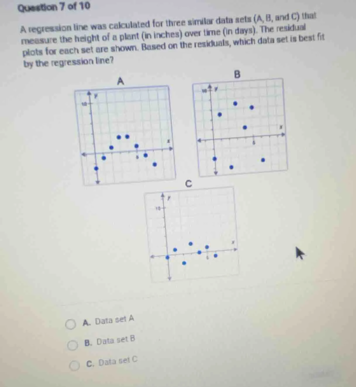 question 7 of 10 a regression line was calculated for three similar dat…