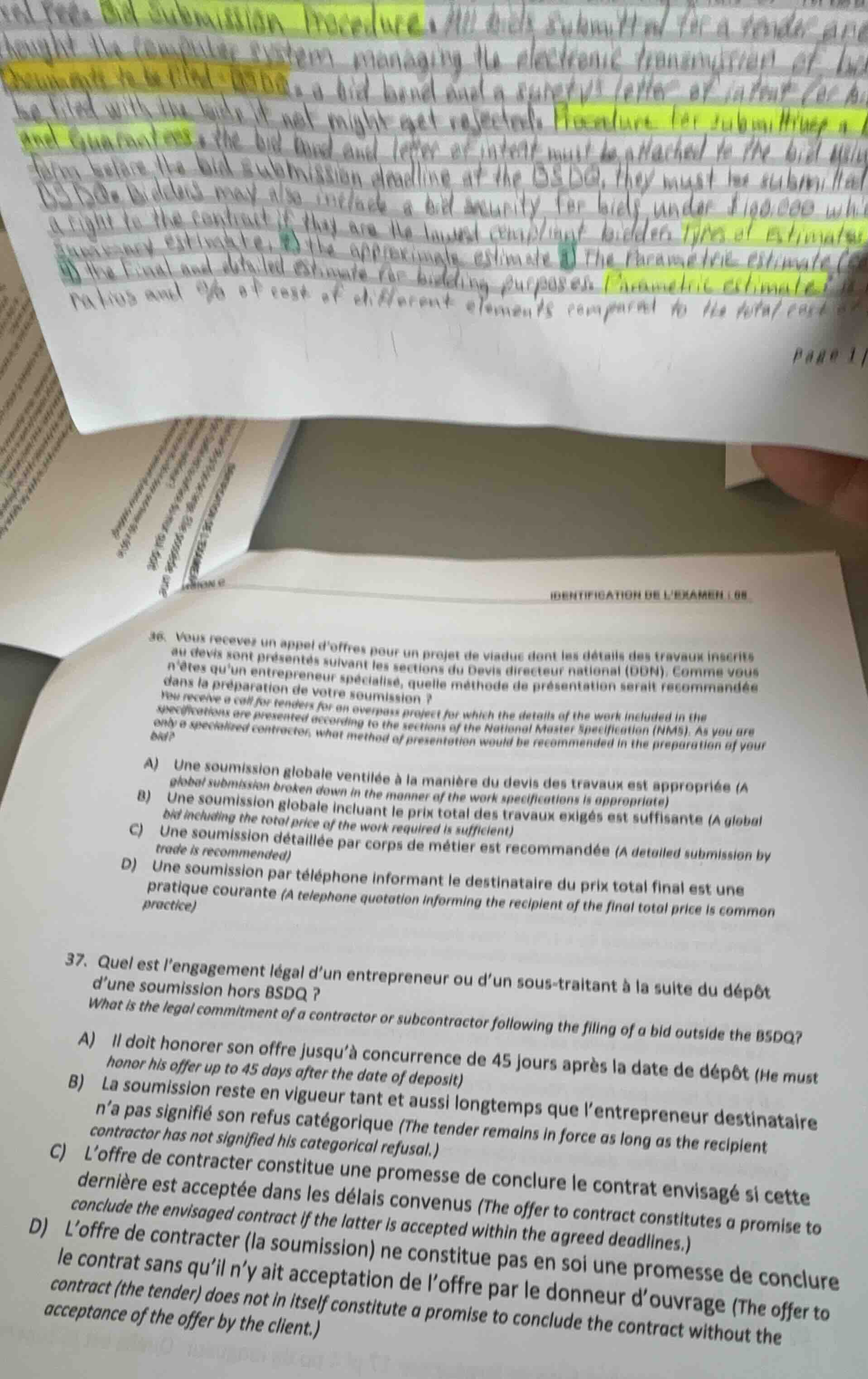 identification de lexamen: 08 36. vous recevez un appel doffres pour un…