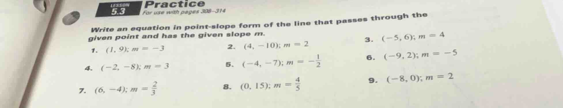 lesson 5.3 practice for use with pages 308-314 write an equation in poi…